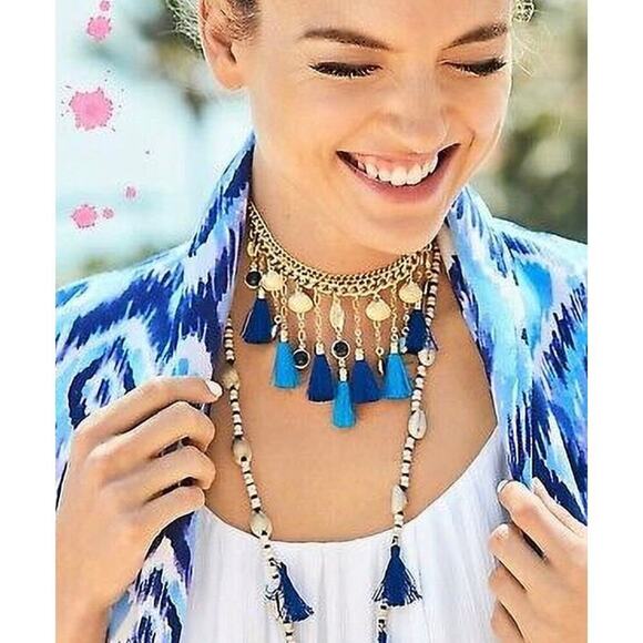 Lilly Pulitzer Seaside Tassel Bib 
Statement Necklace Capri Teal $88 New - Picture 3 of 12